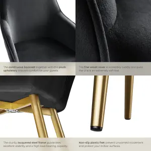 Chair Marilyn - with armrests, padded, velvet look, golden steel legs - black/gold