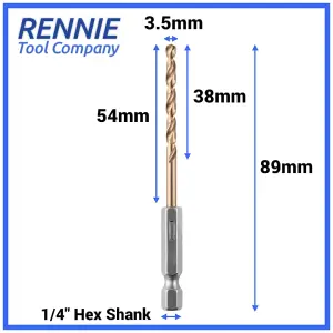 Rennie Tools -3.5mm Hex Shank HSS Gold Cobalt Jobber Drill Bit For Stainless Steel, Hard Metals, Aluminium, Cast Iron, Copper.