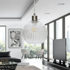 First Choice Lighting Betchley Clear Ribbed Glass Globe with Satin Nickel Pendant Fitting