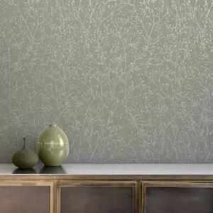 Clarissa Hulse Gypsophila Spring Green & Silver effect Smooth Wallpaper