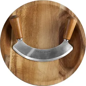 Cole & Mason Ashden Mezzaluna And Round Chopping Board Set, Herb Chopper Rocker/Fresh Herb Cutter/Serving Board, Acacia Wood/Stainless Steel, Not