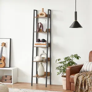 VASAGLE Ladder Shelving Unit, 5-Tier Vertical Bookshelf, Functional Organizer, Industrial, Rustic Brown and Ink Black