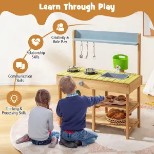 Costway Outdoor Mud Kitchen Set Wooden Play Kitchen w/ Detachable Sink