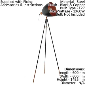 Tripod Floor Lamp Light Black & Copper Shade 1 x 60W E27 Bulb Standard