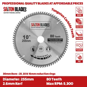 Saxton TCT25580T  TCT Circular Saw Blade 250mm x 80T x 30mm Bore + 16, 20 and 25mm Reduction Rings