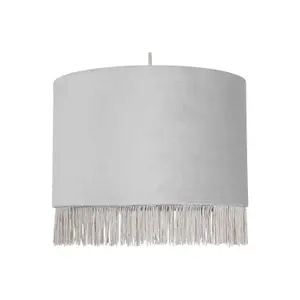 First Choice Lighting Fringed Silvery Grey 23cm Fringed Velvet Pendant Shade