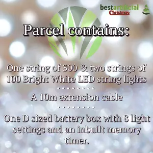 Bright White with Clear Cable Connectable Indoor & Outdoor Waterproof LED String Lights (500 LED's (50m), Battery Box)