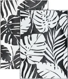 Extra Large Garden Outdoor Rug For Patio, Black & White Tropical Leaf Waterproof Garden Rug 180 x 270cm