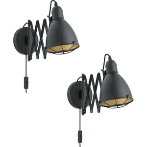 2 PACK LED Wall Light / Sconce Black & Gold Adjustable Round Shade 1x 28W E27