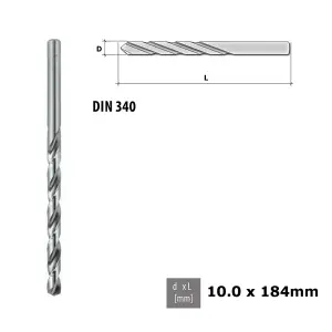 Quality Drill Bit For Metal - Fully Ground Polished HSS DIN 340 Silver - Diameter 10.0mm - Length 184mm