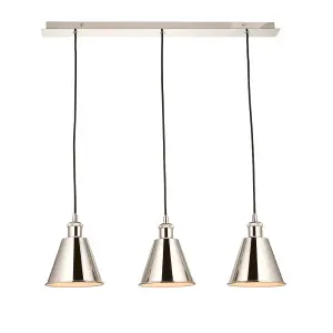 Bright Nickel Three Light Ceiling Pendant & White Inner Shade Knurled Detailing