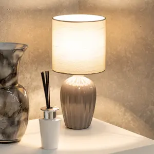 ValueLights Carbone Grey Fluted Ceramic Bedside Table Lamp with a Fabric Lampshade Bedroom Light