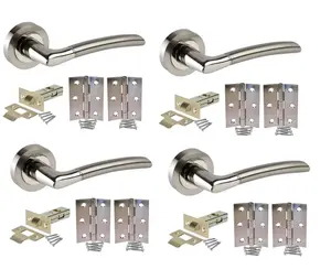 Golden Grace Indiana Style Chrome Door Handles, Duo Finish, 4 Sets with Latch and Standard Hinges (Lever Latch Pack)