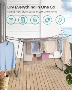 SONGMICS Clothes Drying Rack, 56.5 X 173 X 96.5 Cm Winged Clothes Airer, Space-Saving Laundry Drying Rack, With Sock Clips,