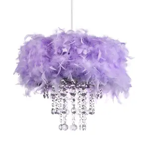 Contemporary Lilac Feather Pendant Light Shade with Transparent Acrylic Droplets