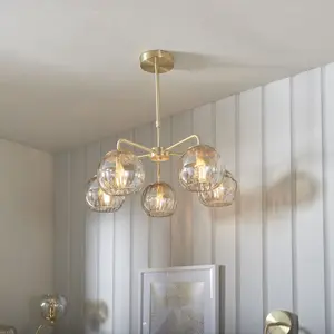 Ceiling Pendant Light - Satin Brass Plate & Champagne Lustre Glass - 5 x 25W E14