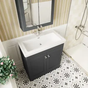 Traditional Floor Standing 2 Door Vanity Unit with 1 Tap Hole Fireclay Basin, 800mm - Soft Black