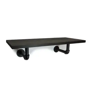 Solid Pine Rustical Shelf Black Ash Black Industrial Pipe Bracket 25x110cm