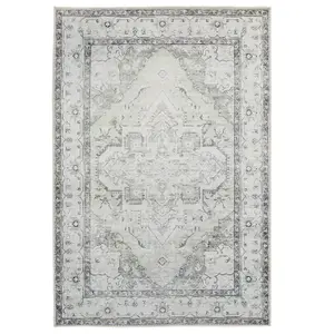 Silver Grey Green Distressed Bordered Medallion Anti Slip Washable Rug 200x290cm