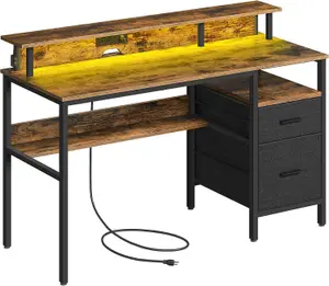 VASAGLE Workstation Desk, with LED Lighting and Power Connectivity, Corner Desk, with Shelf, USB Ports, and Drawers, Rustic Brown