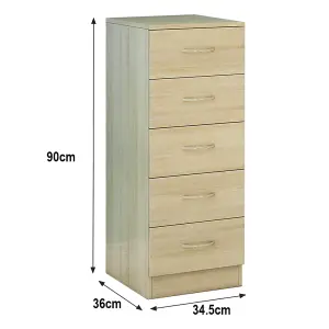 SunDaze Chest of Drawers Bedroom Furniture Bedside Cabinet with Handle 5 Tall Narrow Drawer Oak 34.5x36x90cm