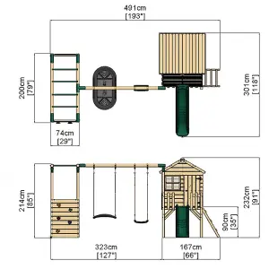 Rebo Orchard 4ft Wooden Children's Playhouse, Swings, Monkey Bars, Deck & 6ft Slide - Double Swing - Sage Green