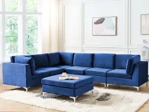 Corner Sofa with Ottoman EVJA Navy Blue Velvet Right Hand