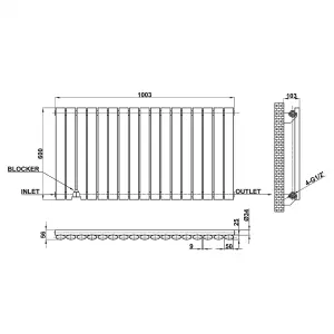 Horizontal Black Single Oval Panel Radiator (H)600mm x (W)1003mm, 3522 BTU.