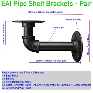 EAI Rustic Pipe Shelf Brackets Cast Iron - Pair / 2 Industrial Brackets - Dual Projection 100/160mm - Matt Black