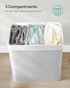 SONGMICS Laundry Hamper Basket with 3 Sections, Clip-on Lid and Handles, Foldable, for Laundry Room, Bedroom, Bathroom, Grey