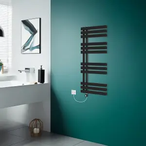 Rinse Bathrooms Designer WiFi Thermostatic Electric Bathroom Heated Towel Rail Radiator with Timer D Shape Tube 1200x600mm Black