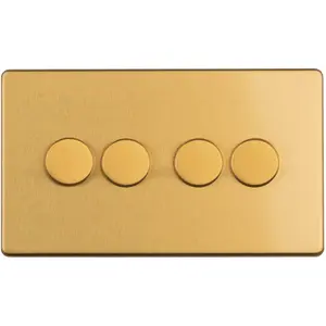 4 Gang Rotary Dimmer Switch 2 Way LED SCREWLESS SATIN BRASS Light Dimming Wall