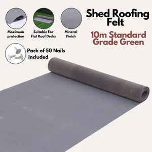 Standard Grade Green Mineral Roof Felt (10m x 1m) With 13mm Pack of 50 Galvanized Roofing Nails - Shed Roofing Felt