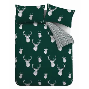 Stag Check Reversible Duvet Cover Set with Pillowcases Green / Double Duvet Cover + 2 Standard Pillowcases