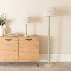 ValueLights Bobbins Sage Green Table Lamp with Lemon Embroidered Drum Lamp Shade