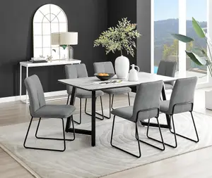 Furniturebox UK Carson White Marble Effect Dining Table & 6 Dark Grey Halle Chairs