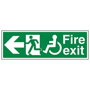 Wheel Chair Fire Exit With Text Arrow LEFT Sign - Adhesive Vinyl - 300x100mm (x3)