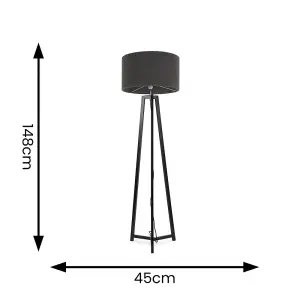 ValueLights Lottie Black Wood Tripod Floor Lamp with Charcoal Grey Boucle Drum Shade