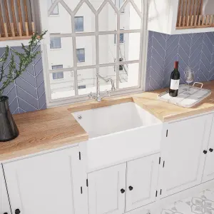 595mm - 1 Bowl Fireclay Butler Kitchen Sink - Tap Ledge, Overflow, Classic Tap & Waste