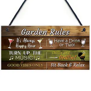 Red Ocean Garden Rules Hanging Wall Sign - Garden Bar Signs For Home Bar - Novelty Garden Decor Shed Plaques