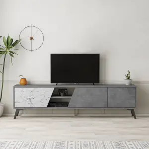 Decortie Fiona Modern TV Unit Multimedia Cabinet with Storage Doors 75" Retro Grey White Marble Effect 180cm