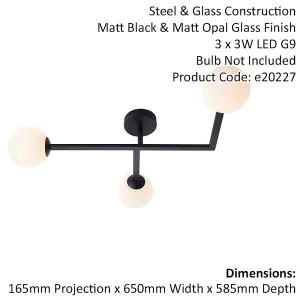 Matt Black Semi Fush Bathroom Ceiling Light & Opal Glass Shade - 3 Bulb Fitting