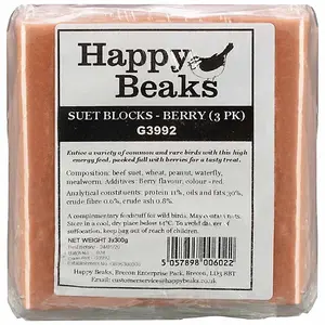 Premium High Energy Suet Blocks Berry Flavour Garden Bird Feed Treat Happy Beaks (3 Pack)