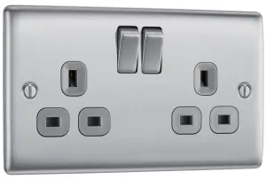 BG Steel effect Double 13A Matt Silver Socket 2 poles