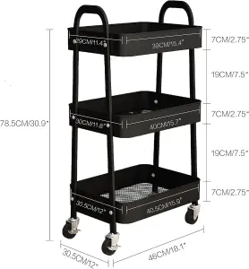 simpa 3 Tier Metal Multipurpose Wheeled Storage Cart - BLACK