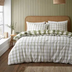 Catherine Lansfield Brushed Seersucker Gingham Reversible Double Duvet Cover Set with Pillowcases Olive Green