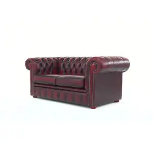 Chesterfield 2 Seater Antique Oxblood Red Leather Sofa Settee In Classic Style