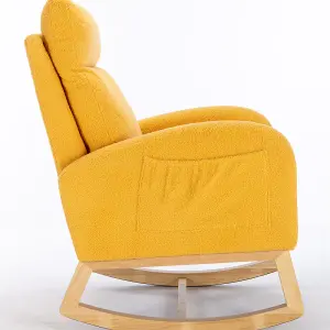 Mid Century Modern Teddy Fabric Upholstered Rocking Chair Padded Seat For Living Room Bedroom, Yellow