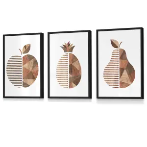 Set of 3 Framed  Framed Geometric Wood Grain Effect Fruit / 30x42cm (A3) / Black