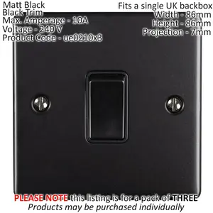 3 PACK 1 Gang Single Metal Light Switch MATT BLACK 2 Way 10A Black Trim